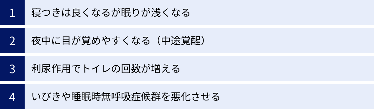 寝つきは良くなるが眠りが浅くなる、夜中に目が覚めやすくなる（中途覚醒）、利尿作用でトイレの回数が増える、いびきや睡眠時無呼吸症候群を悪化させる
