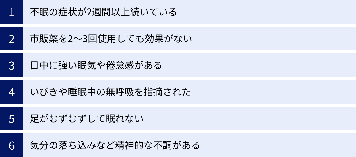 不眠の症状が2週間以上続いている、市販薬を2～3回使用しても効果がない、日中に強い眠気や倦怠感がある、いびきや睡眠中の無呼吸を指摘された、足がむずむずして眠れない、気分の落ち込みなど精神的な不調がある