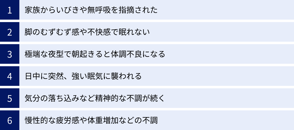 家族からいびきや無呼吸を指摘された、脚のむずむず感や不快感で眠れない、極端な夜型で朝起きると体調不良になる、日中に突然、強い眠気に襲われる、気分の落ち込みなど精神的な不調が続く、慢性的な疲労感や体重増加などの不調