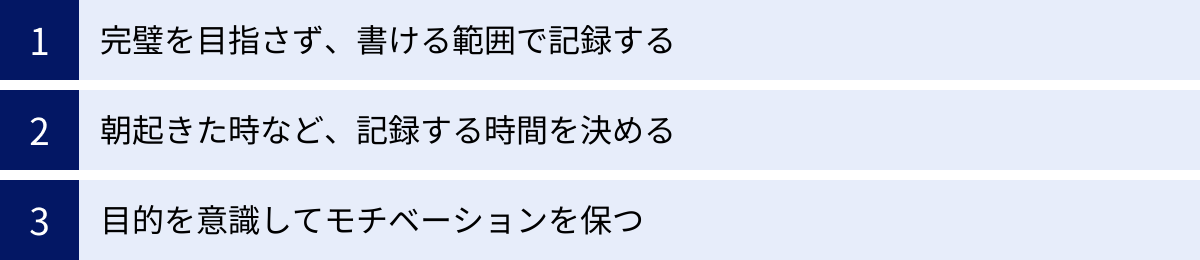 完璧を目指さず、書ける範囲で記録する、朝起きた時など、記録する時間を決める、目的を意識してモチベーションを保つ
