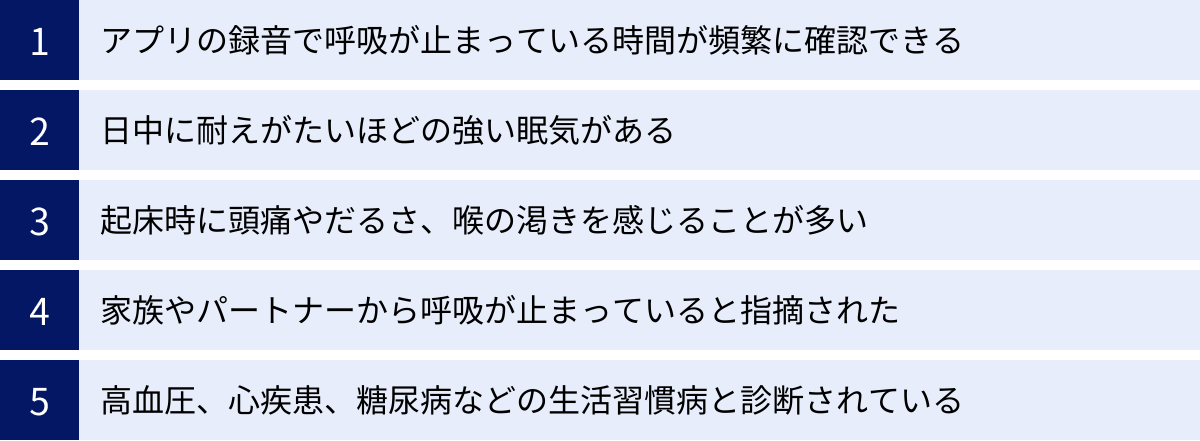 アプリの録音で呼吸が止まっている時間が頻繁に確認できる、日中に耐えがたいほどの強い眠気がある、起床時に頭痛やだるさ、喉の渇きを感じることが多い、家族やパートナーから呼吸が止まっていると指摘された、高血圧、心疾患、糖尿病などの生活習慣病と診断されている