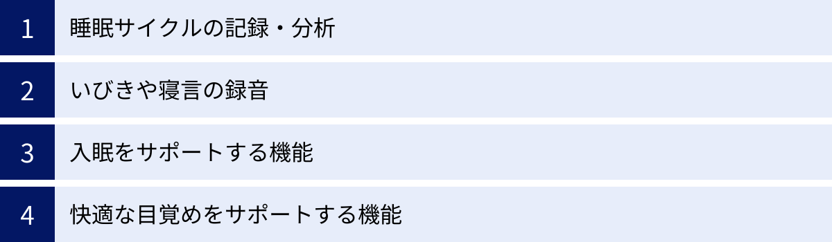 睡眠サイクルの記録・分析、いびきや寝言の録音、入眠をサポートする機能、快適な目覚めをサポートする機能