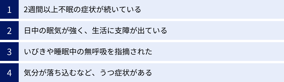 2週間以上不眠の症状が続いている、日中の眠気が強く、生活に支障が出ている、いびきや睡眠中の無呼吸を指摘された、気分が落ち込むなど、うつ症状がある