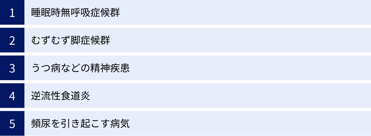 睡眠時無呼吸症候群、むずむず脚症候群、うつ病などの精神疾患、逆流性食道炎、頻尿を引き起こす病気