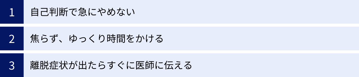 自己判断で急にやめない、焦らず、ゆっくり時間をかける、離脱症状が出たらすぐに医師に伝える