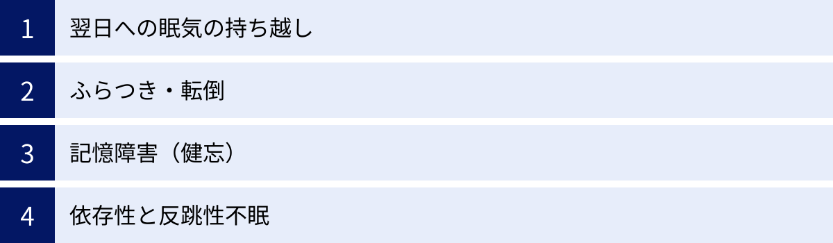 翌日への眠気の持ち越し、ふらつき・転倒、記憶障害（健忘）、依存性と反跳性不眠