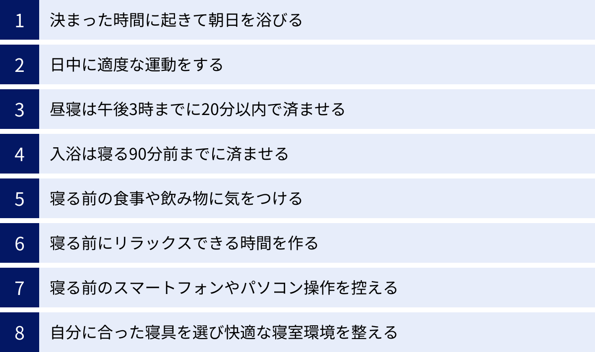 決まった時間に起きて朝日を浴びる、日中に適度な運動をする、昼寝は午後3時までに20分以内で済ませる、入浴は寝る90分前までに済ませる、寝る前の食事や飲み物に気をつける、寝る前にリラックスできる時間を作る、寝る前のスマートフォンやパソコン操作を控える、自分に合った寝具を選び快適な寝室環境を整える