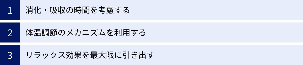 消化・吸収の時間を考慮する、体温調節のメカニズムを利用する、リラックス効果を最大限に引き出す