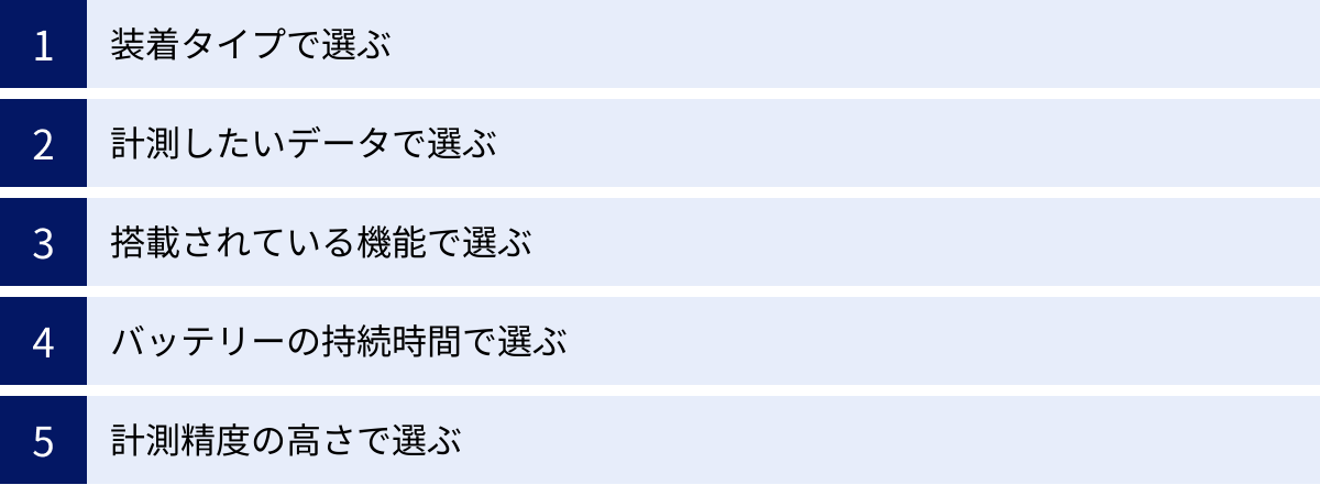 装着タイプで選ぶ、計測したいデータで選ぶ、搭載されている機能で選ぶ、バッテリーの持続時間で選ぶ、計測精度の高さで選ぶ