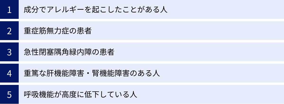 成分でアレルギーを起こしたことがある人、重症筋無力症の患者、急性閉塞隅角緑内障の患者、重篤な肝機能障害・腎機能障害のある人、呼吸機能が高度に低下している人