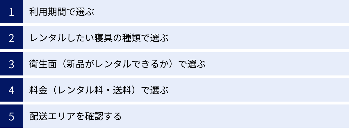 利用期間で選ぶ、レンタルしたい寝具の種類で選ぶ、衛生面（新品がレンタルできるか）で選ぶ、料金（レンタル料・送料）で選ぶ、配送エリアを確認する