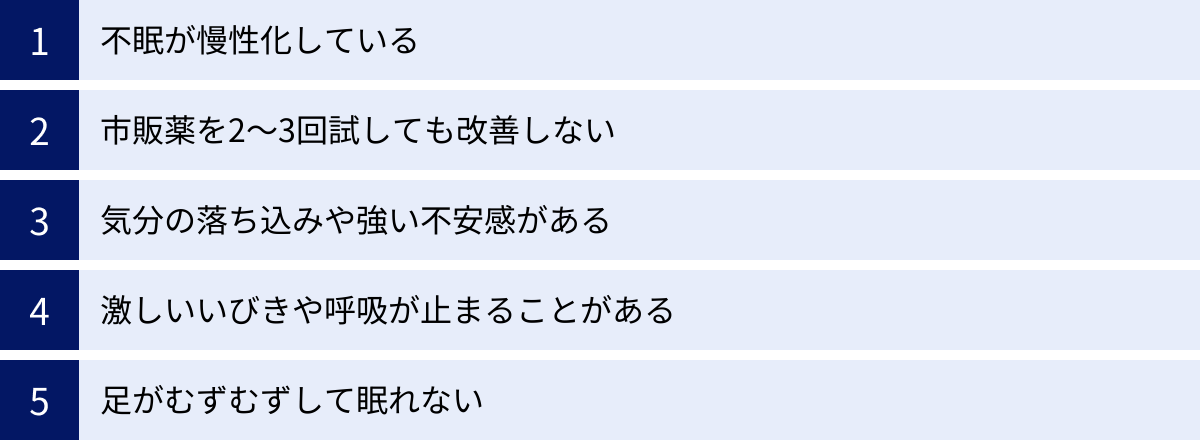 不眠が慢性化している、市販薬を2〜3回試しても改善しない、気分の落ち込みや強い不安感がある、激しいいびきや呼吸が止まることがある、足がむずむずして眠れない