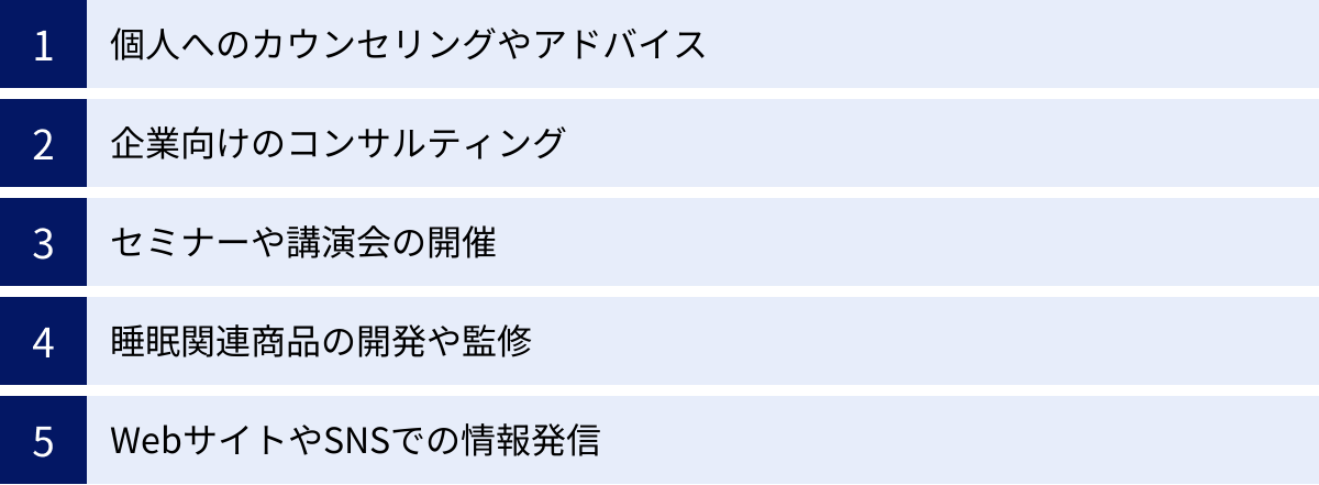個人へのカウンセリングやアドバイス、企業向けのコンサルティング、セミナーや講演会の開催、睡眠関連商品の開発や監修、WebサイトやSNSでの情報発信