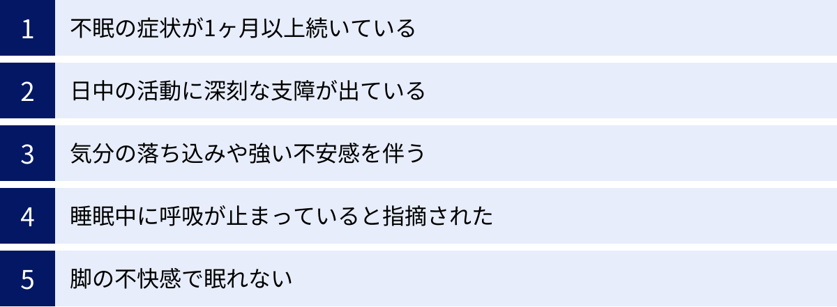 不眠の症状が1ヶ月以上続いている、日中の活動に深刻な支障が出ている、気分の落ち込みや強い不安感を伴う、睡眠中に呼吸が止まっていると指摘された、脚の不快感で眠れない