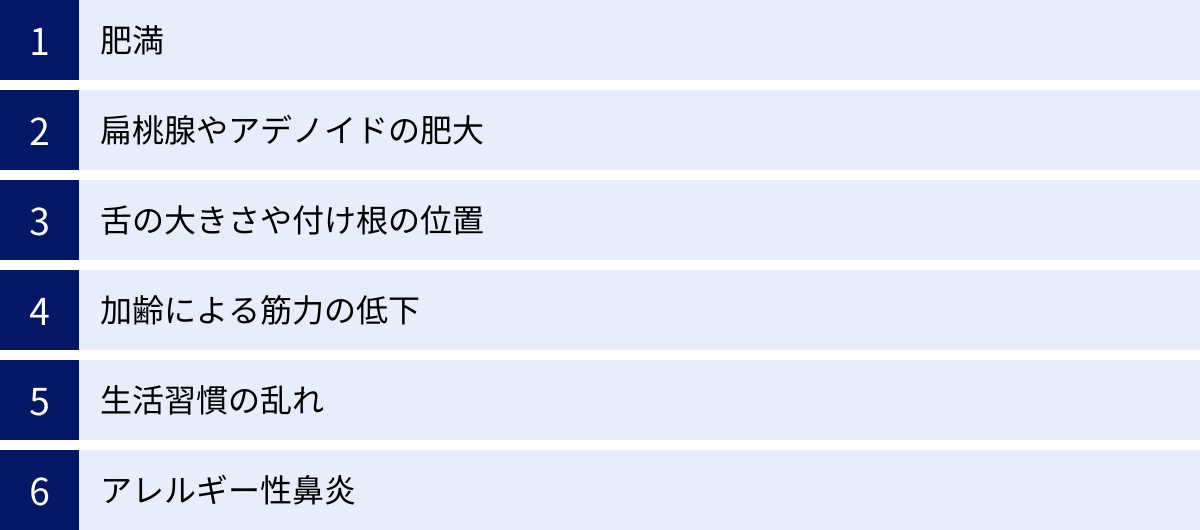 肥満、扁桃腺やアデノイドの肥大、舌の大きさや付け根の位置、加齢による筋力の低下、生活習慣の乱れ、アレルギー性鼻炎