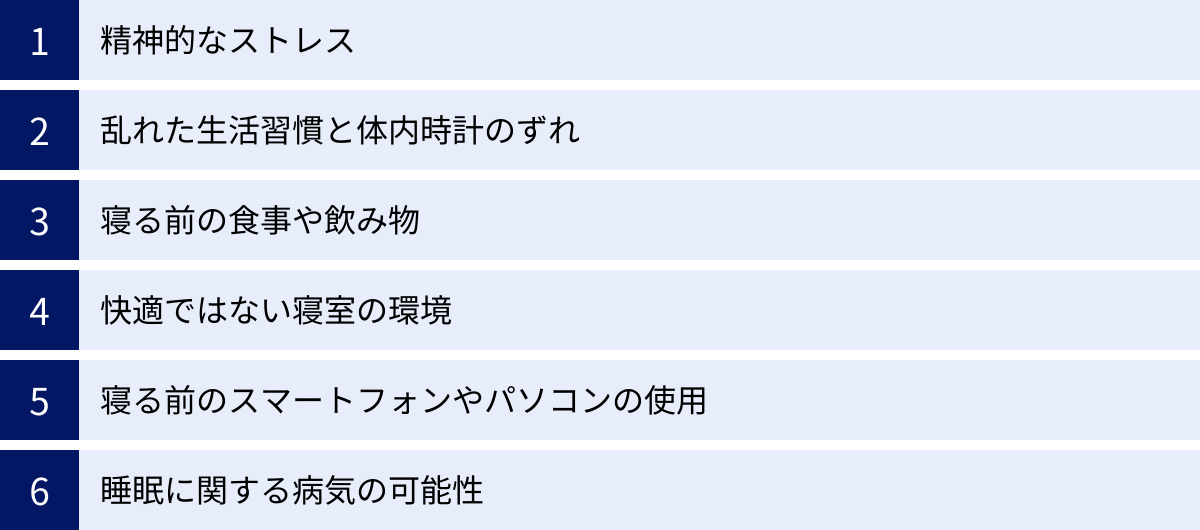 精神的なストレス、乱れた生活習慣と体内時計のずれ、寝る前の食事や飲み物、快適ではない寝室の環境、寝る前のスマートフォンやパソコンの使用、睡眠に関する病気の可能性