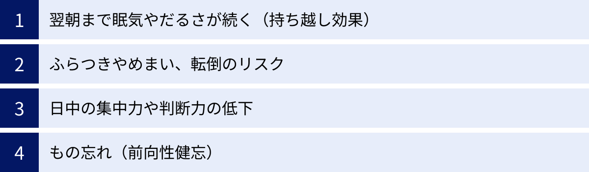 翌朝まで眠気やだるさが続く（持ち越し効果）、ふらつきやめまい、転倒のリスク、日中の集中力や判断力の低下、もの忘れ（前向性健忘）