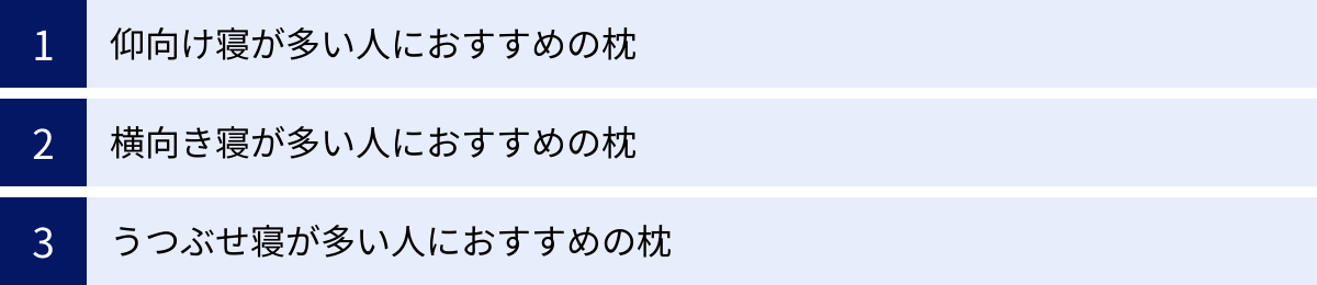 仰向け寝が多い人におすすめの枕、横向き寝が多い人におすすめの枕、うつぶせ寝が多い人におすすめの枕