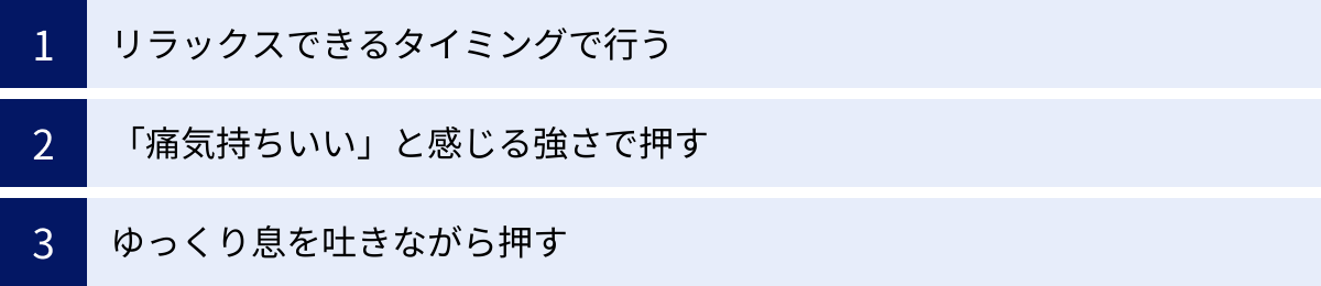 リラックスできるタイミングで行う、「痛気持ちいい」と感じる強さで押す、ゆっくり息を吐きながら押す