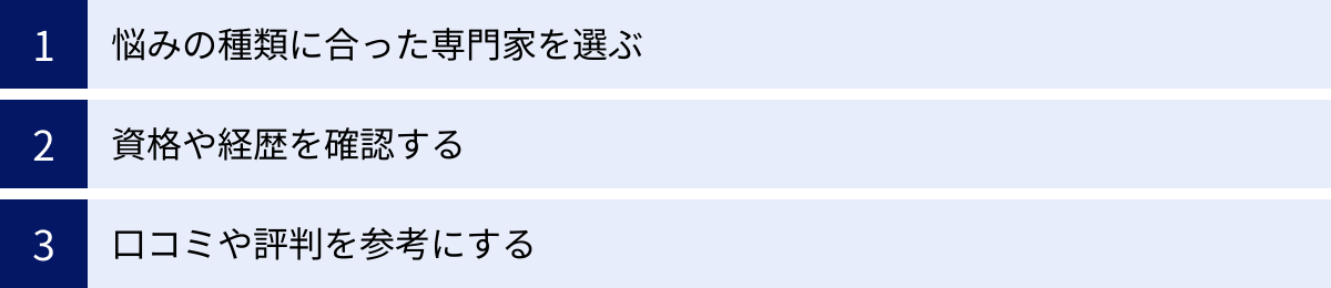 悩みの種類に合った専門家を選ぶ、資格や経歴を確認する、口コミや評判を参考にする