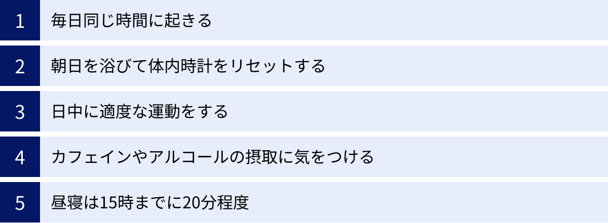 毎日同じ時間に起きる、朝日を浴びて体内時計をリセットする、日中に適度な運動をする、カフェインやアルコールの摂取に気をつける、昼寝は15時までに20分程度