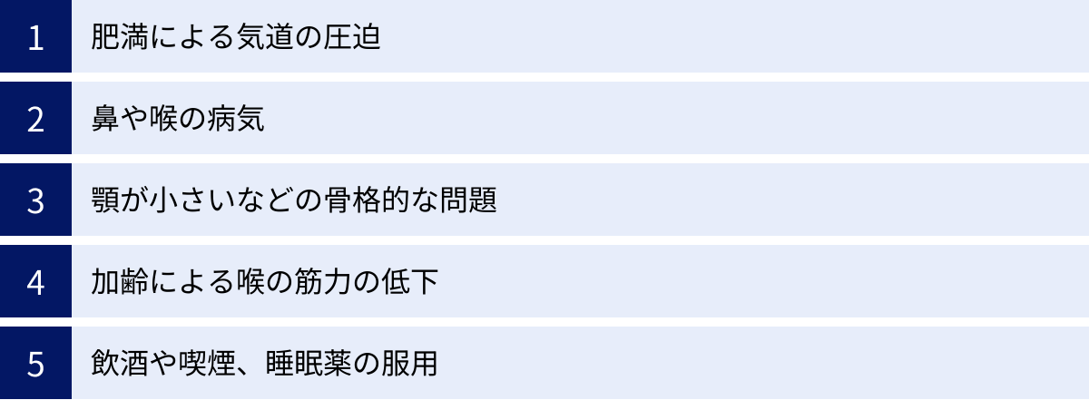 肥満による気道の圧迫、鼻や喉の病気、顎が小さいなどの骨格的な問題、加齢による喉の筋力の低下、飲酒や喫煙、睡眠薬の服用