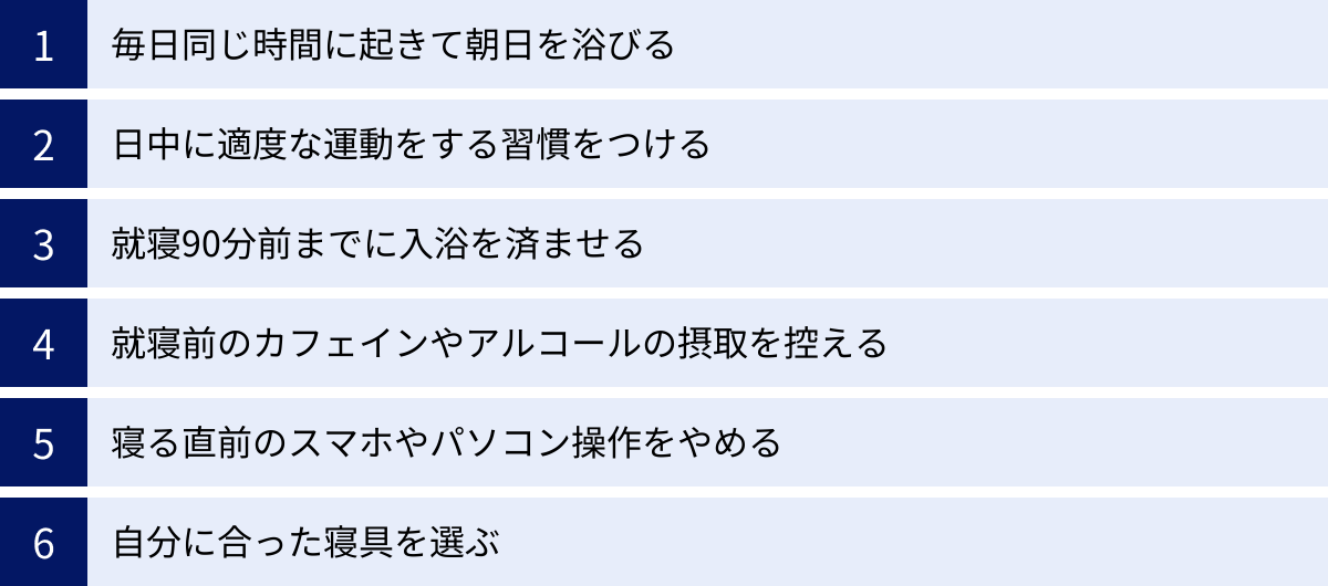 毎日同じ時間に起きて朝日を浴びる、日中に適度な運動をする習慣をつける、就寝90分前までに入浴を済ませる、就寝前のカフェインやアルコールの摂取を控える、寝る直前のスマホやパソコン操作をやめる、自分に合った寝具を選ぶ