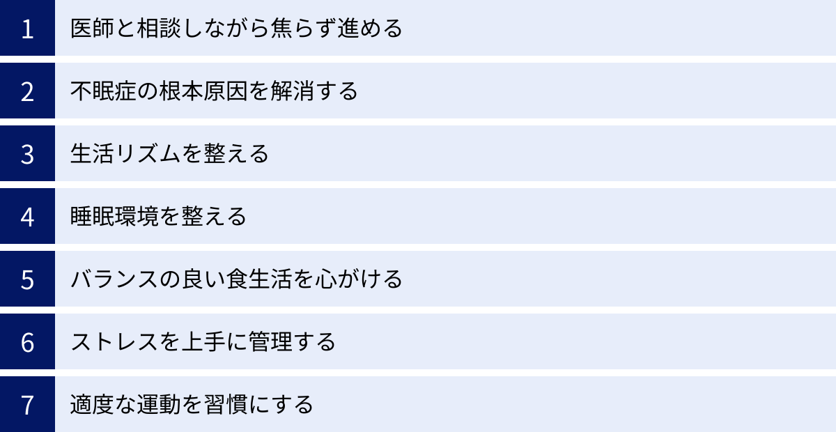 医師と相談しながら焦らず進める、不眠症の根本原因を解消する、生活リズムを整える、睡眠環境を整える、バランスの良い食生活を心がける、ストレスを上手に管理する、適度な運動を習慣にする