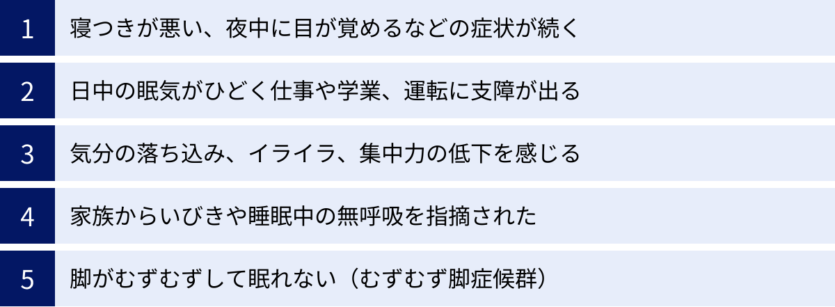 寝つきが悪い、夜中に目が覚めるなどの症状が続く、日中の眠気がひどく仕事や学業、運転に支障が出る、気分の落ち込み、イライラ、集中力の低下を感じる、家族からいびきや睡眠中の無呼吸を指摘された、脚がむずむずして眠れない（むずむず脚症候群）