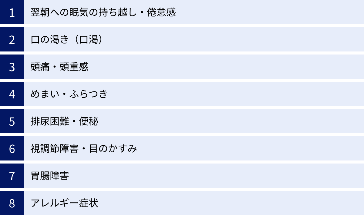 翌朝への眠気の持ち越し・倦怠感、口の渇き（口渇）、頭痛・頭重感、めまい・ふらつき、排尿困難・便秘、視調節障害・目のかすみ、胃腸障害、アレルギー症状