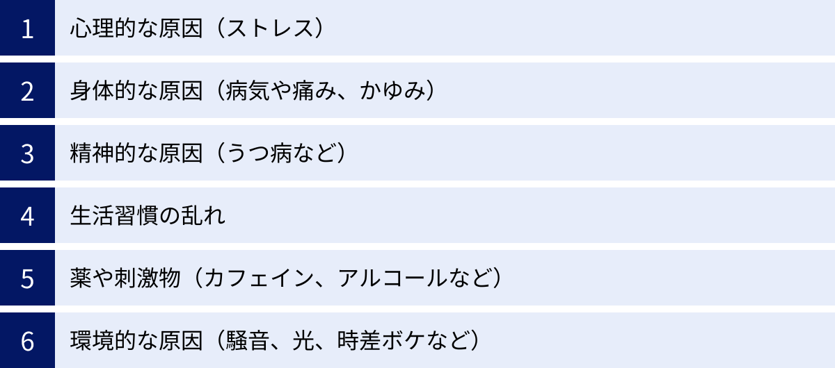 心理的な原因（ストレス）、身体的な原因（病気や痛み、かゆみ）、精神的な原因（うつ病など）、生活習慣の乱れ、薬や刺激物（カフェイン、アルコールなど）、環境的な原因（騒音、光、時差ボケなど）