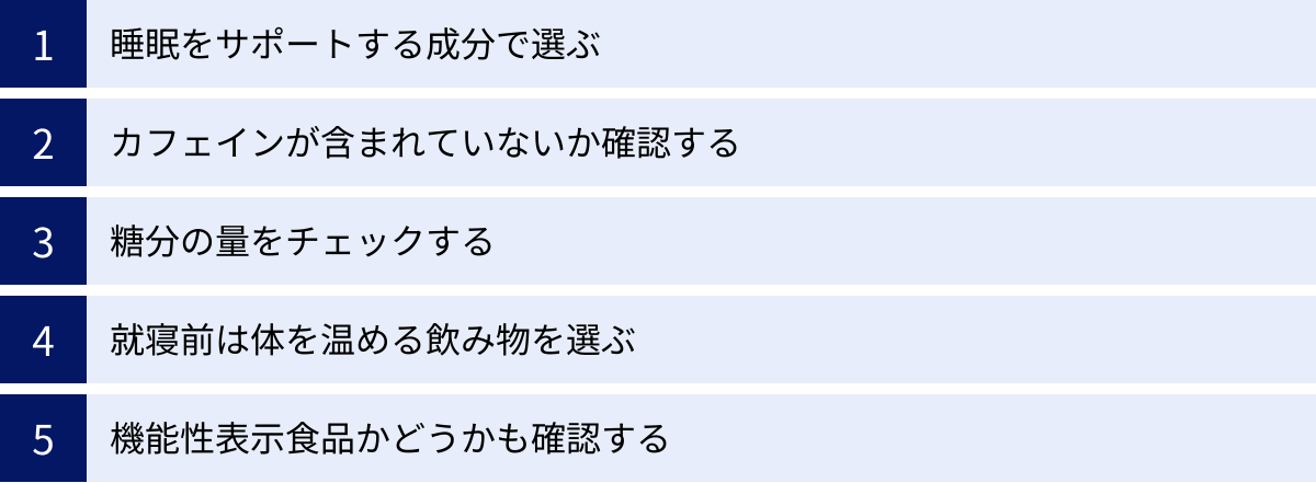 睡眠をサポートする成分で選ぶ、カフェインが含まれていないか確認する、糖分の量をチェックする、就寝前は体を温める飲み物を選ぶ、機能性表示食品かどうかも確認する