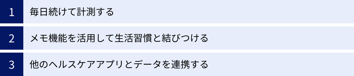 毎日続けて計測する、メモ機能を活用して生活習慣と結びつける、他のヘルスケアアプリとデータを連携する