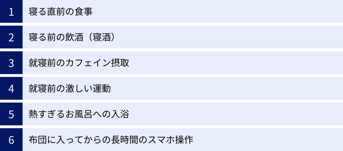 寝る直前の食事、寝る前の飲酒（寝酒）、就寝前のカフェイン摂取、就寝前の激しい運動、熱すぎるお風呂への入浴、布団に入ってからの長時間のスマホ操作