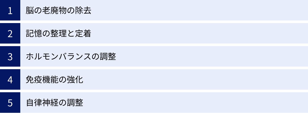脳の老廃物の除去、記憶の整理と定着、ホルモンバランスの調整、免疫機能の強化、自律神経の調整