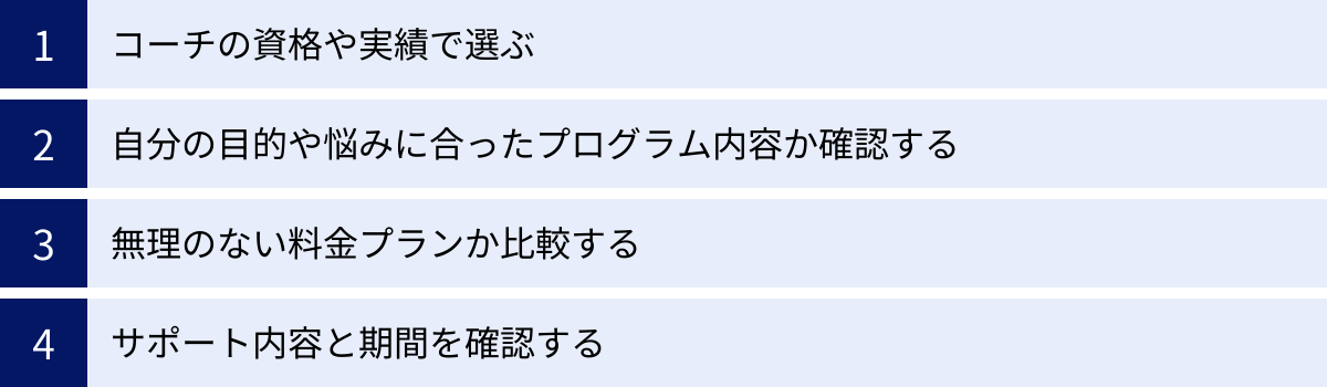 コーチの資格や実績で選ぶ、自分の目的や悩みに合ったプログラム内容か確認する、無理のない料金プランか比較する、サポート内容と期間を確認する