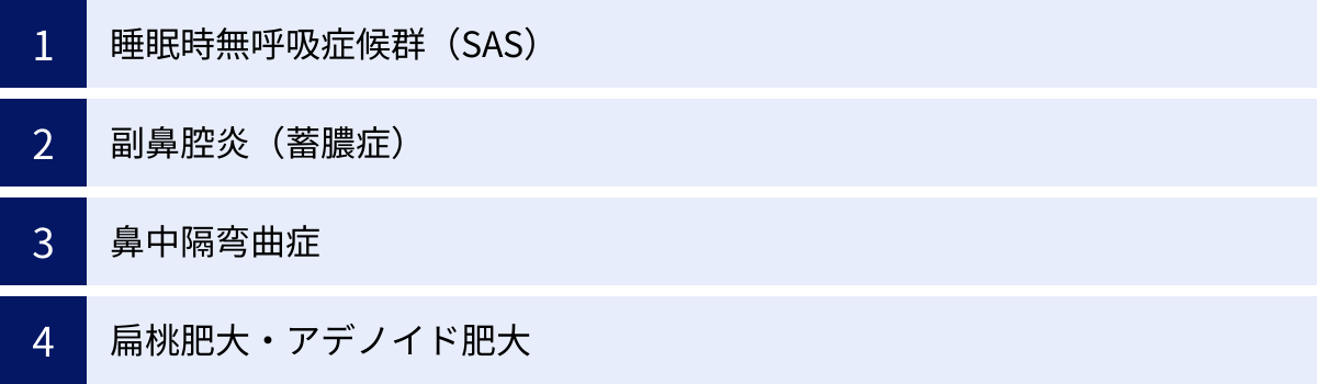 睡眠時無呼吸症候群（SAS）、副鼻腔炎（蓄膿症）、鼻中隔弯曲症、扁桃肥大・アデノイド肥大