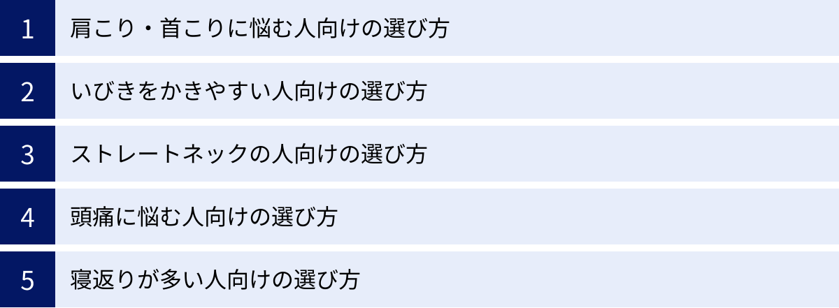 肩こり・首こりに悩む人向けの選び方、いびきをかきやすい人向けの選び方、ストレートネックの人向けの選び方、頭痛に悩む人向けの選び方、寝返りが多い人向けの選び方