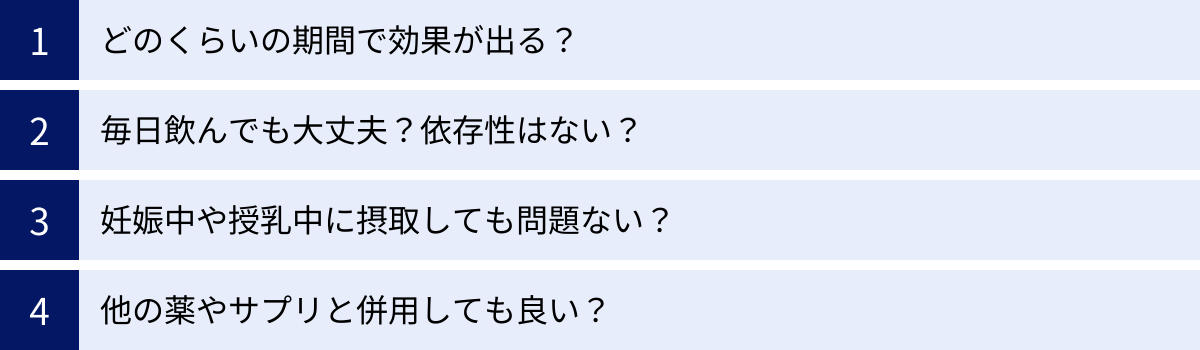 どのくらいの期間で効果が出る？、毎日飲んでも大丈夫？依存性はない？、妊娠中や授乳中に摂取しても問題ない？、他の薬やサプリと併用しても良い？