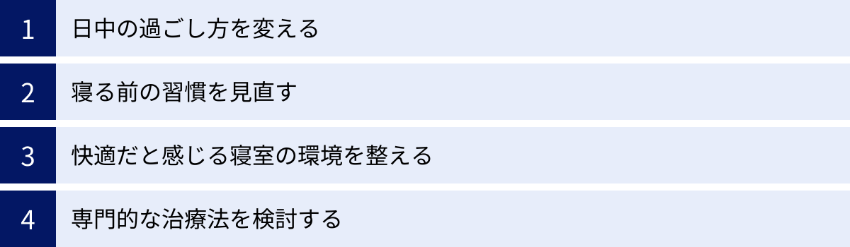日中の過ごし方を変える、寝る前の習慣を見直す、快適だと感じる寝室の環境を整える、専門的な治療法を検討する