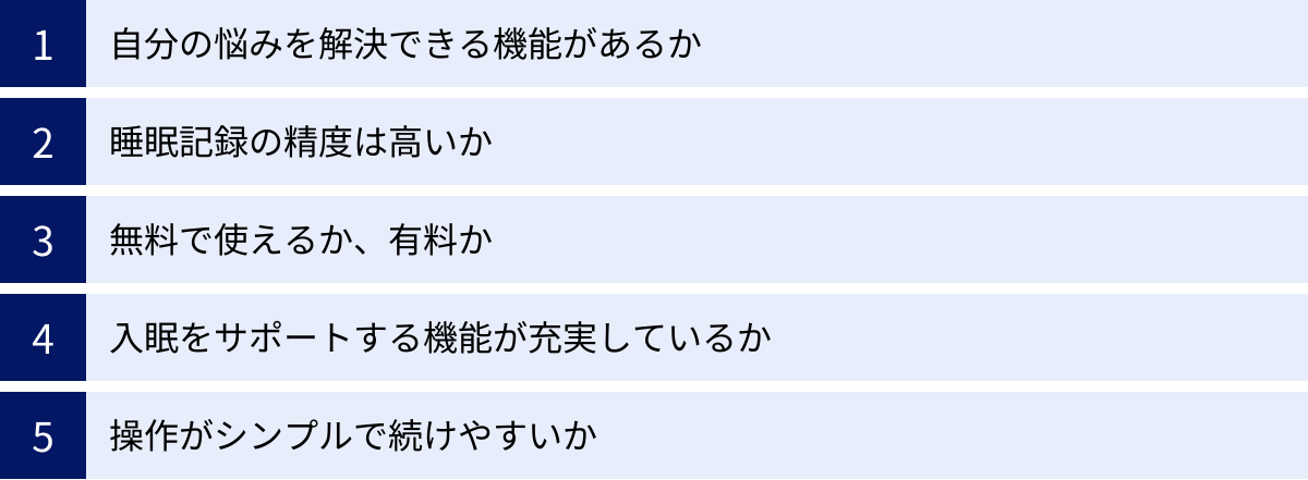 自分の悩みを解決できる機能があるか、睡眠記録の精度は高いか、無料で使えるか、有料か、入眠をサポートする機能が充実しているか、操作がシンプルで続けやすいか