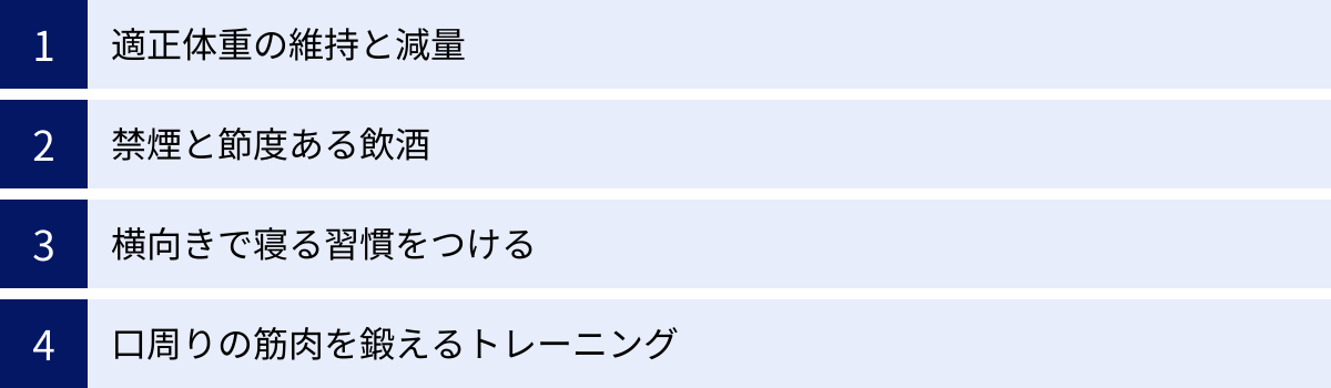 適正体重の維持と減量、禁煙と節度ある飲酒、横向きで寝る習慣をつける、口周りの筋肉を鍛えるトレーニング