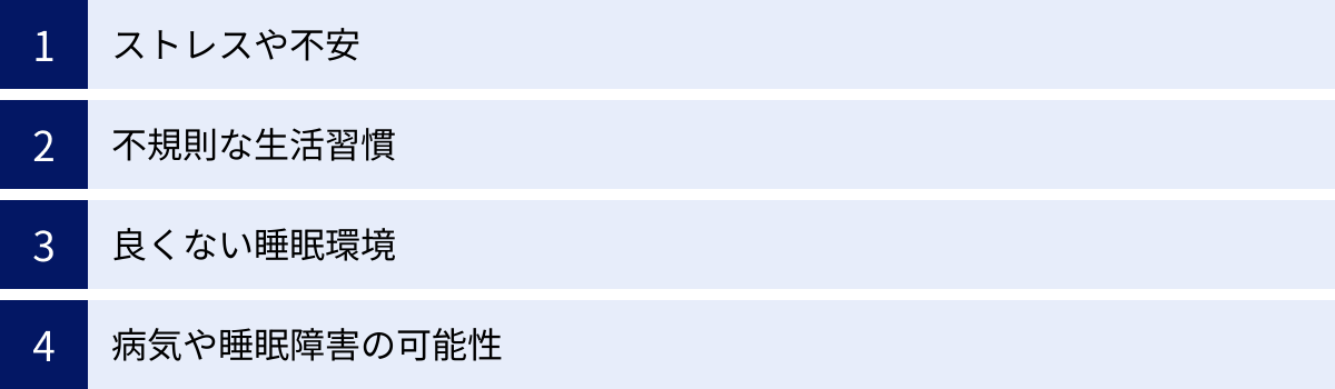 ストレスや不安、不規則な生活習慣、良くない睡眠環境、病気や睡眠障害の可能性