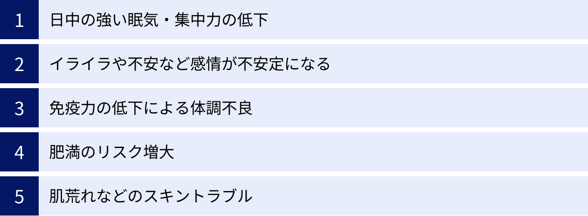 日中の強い眠気・集中力の低下、イライラや不安など感情が不安定になる、免疫力の低下による体調不良、肥満のリスク増大、肌荒れなどのスキントラブル