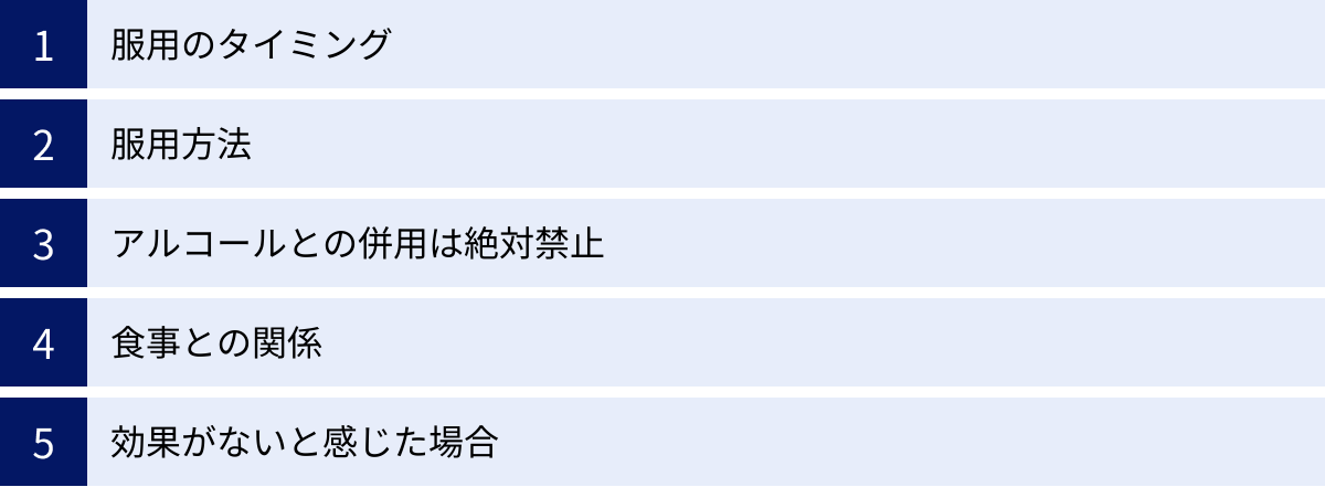 服用のタイミング、服用方法、アルコールとの併用は絶対禁止、食事との関係、効果がないと感じた場合