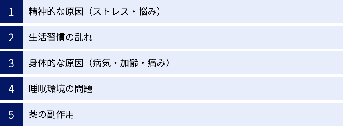 精神的な原因（ストレス・悩み）、生活習慣の乱れ、身体的な原因（病気・加齢・痛み）、睡眠環境の問題、薬の副作用