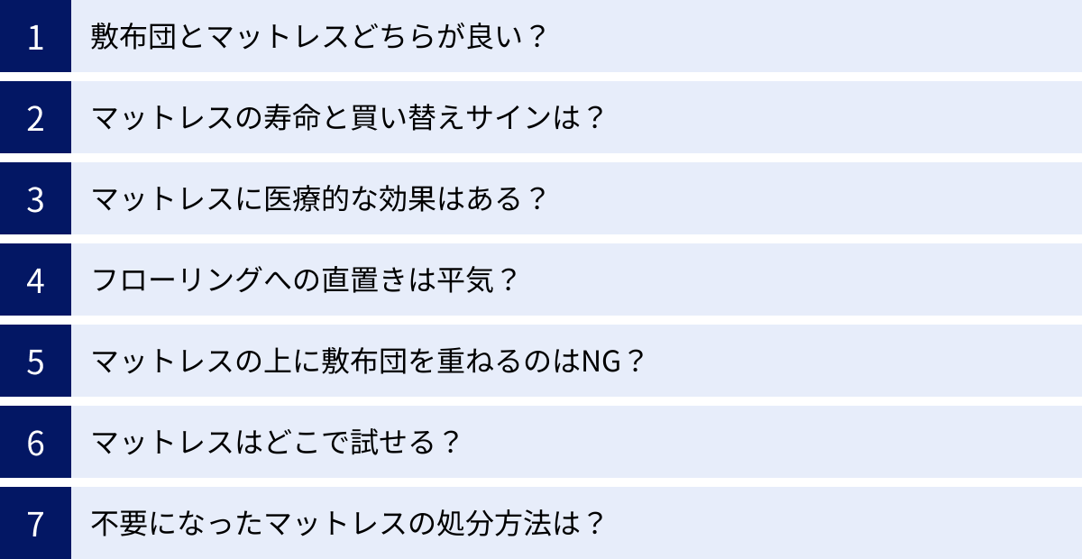 敷布団とマットレスどちらが良い？、マットレスの寿命と買い替えサインは？、マットレスに医療的な効果はある？、フローリングへの直置きは平気？、マットレスの上に敷布団を重ねるのはNG？、マットレスはどこで試せる？、不要になったマットレスの処分方法は？