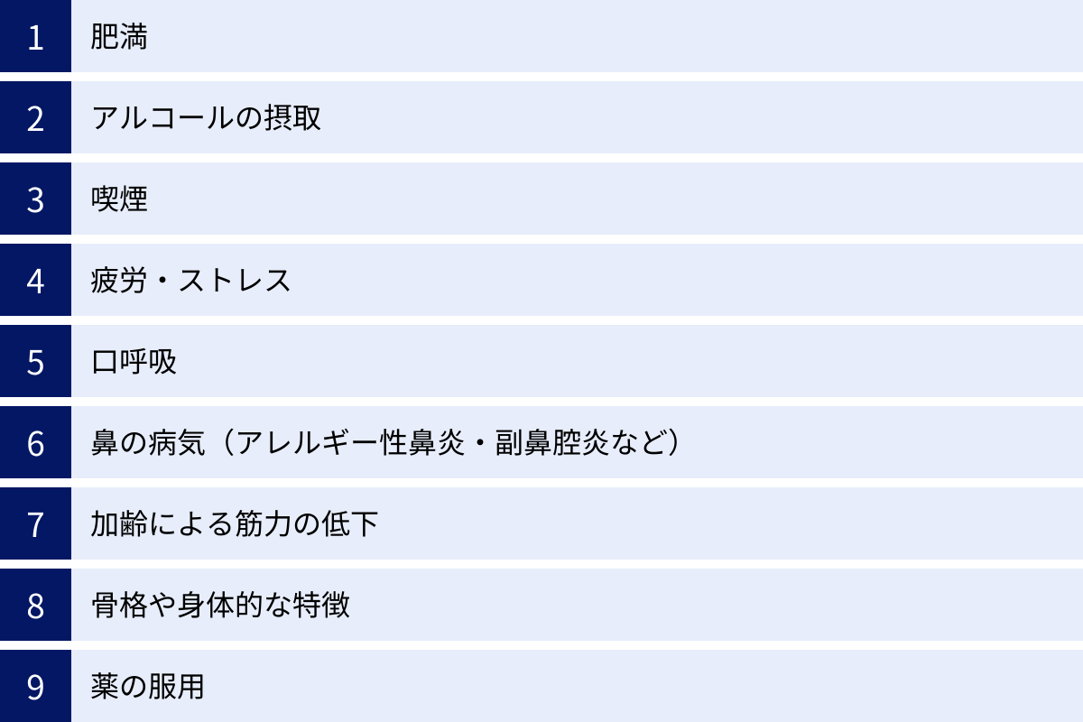 肥満、アルコールの摂取、喫煙、疲労・ストレス、口呼吸、鼻の病気（アレルギー性鼻炎・副鼻腔炎など）、加齢による筋力の低下、骨格や身体的な特徴、薬の服用