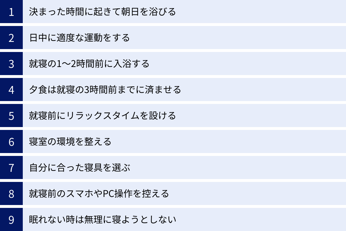 決まった時間に起きて朝日を浴びる、日中に適度な運動をする、就寝の1～2時間前に入浴する、夕食は就寝の3時間前までに済ませる、就寝前にリラックスタイムを設ける、寝室の環境を整える、自分に合った寝具を選ぶ、就寝前のスマホやPC操作を控える、眠れない時は無理に寝ようとしない