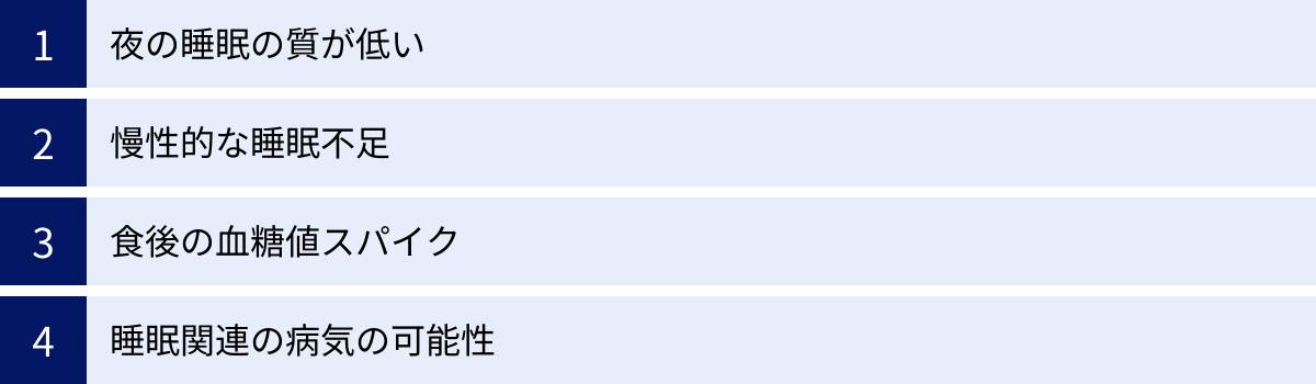 夜の睡眠の質が低い、慢性的な睡眠不足、食後の血糖値スパイク、睡眠関連の病気の可能性